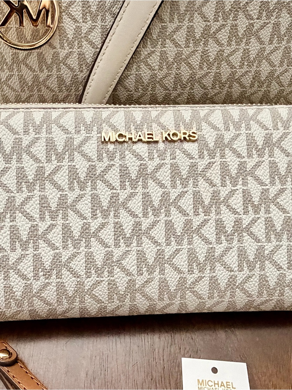 Michael Kors Cream Logo Wristlet with Gold Hardware